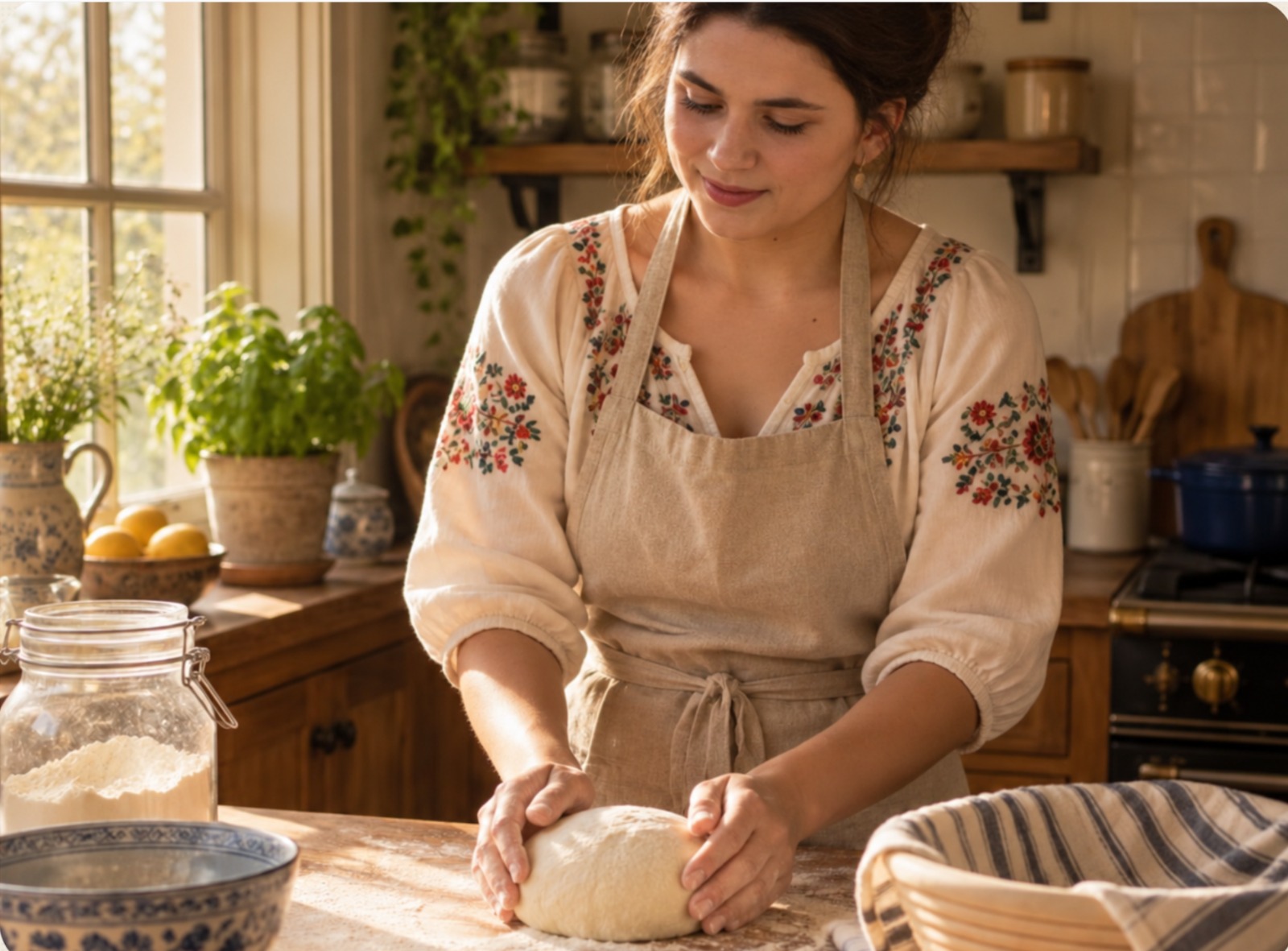 The baker shaping sourdough in her kitchen